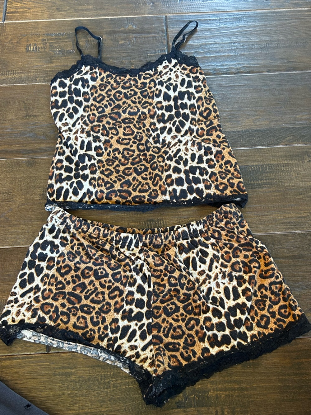 Leopard Print Lace-Trim Cami & Short Sleep Set - Black/Tan